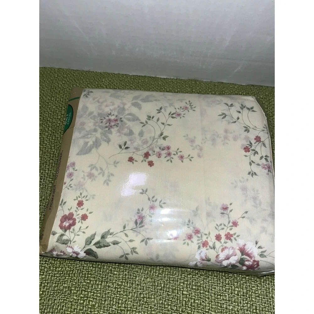 vintage‎ 4 Pc Thomaston Double  Sheet Set Cream Floral  Pillow Cases New Amanda